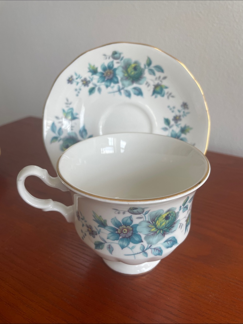 Vintage Queen Anne Teal Blue Floral Porcelain Teacup and Saucer Set No.8500